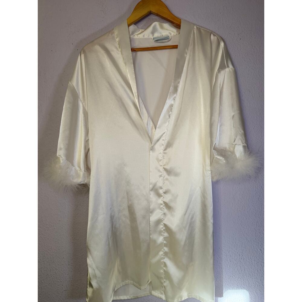 Vintage Lingerie Robe White Satin Women Feather Trim Glam Boudoir Old‎ Hollywood